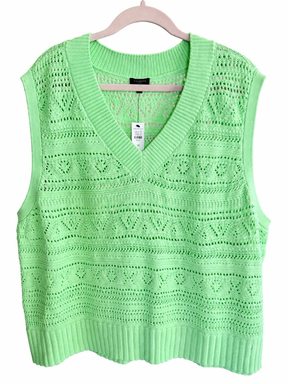 Talbots Plus 3X Green Openwork Cotton V Neck Sweater Vest NWT